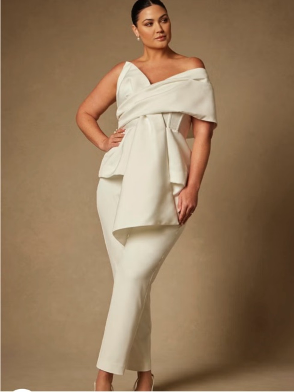 Off-Shoulder Cream Bridal Set with Draped Peplum